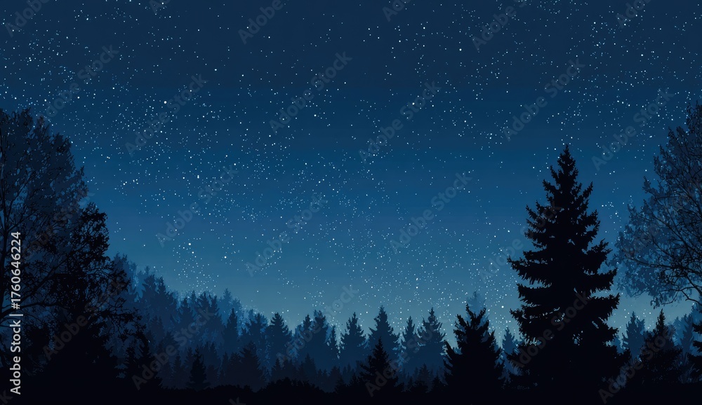 Fototapeta premium Dark forest silhouettes against a starry night sky