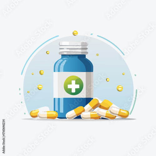 Medical Pills Bottle and Capsules Illustration.