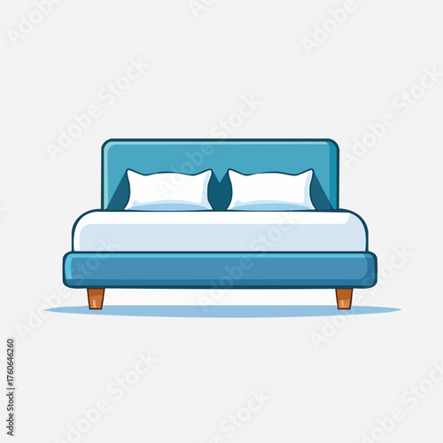Modern Blue Bed with White Pillows and Wooden Legs.