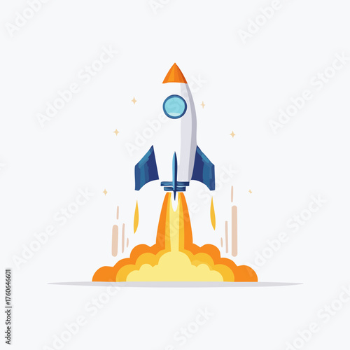 Rocket Launching into Space with Fiery Exhaust.