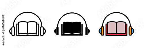 Audiobook icon set with book and headphone symbols. Flat vector illustration in outline, filled, and color style for media, education, and entertainment concepts.