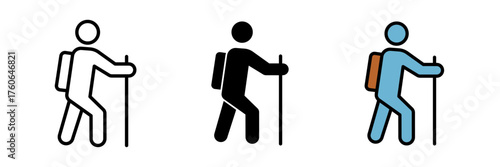 Backpacker icon set with hiking and travel symbols. Flat vector illustration in outline, filled, and color style for outdoor adventure, tourism, and exploration concepts.