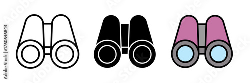 Binoculars icon set with exploration and search symbols. Flat vector illustration in outline, filled, and color style for travel, adventure, and vision concepts.