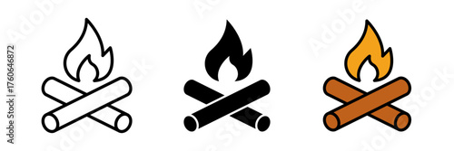 Campfire icon set with fire and camping symbols. Flat vector illustration in outline, filled, and color style for outdoor adventure, travel, and nature activity concepts.