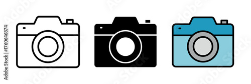 Camera icon set with photo and media symbols. Flat vector illustration in outline, filled, and color style for photography, multimedia, and digital technology concepts.