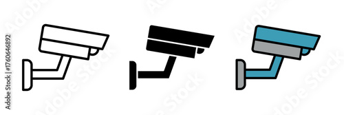 CCTV icon set with security camera and surveillance symbols. Flat vector illustration in outline, filled, and color style for monitoring, safety, and protection concepts.