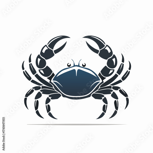 Stylized illustration of a dark blue crab with large claws raised.