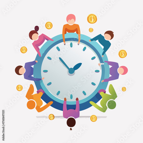 Teamwork around a clock with coins symbolizing time is money concept.