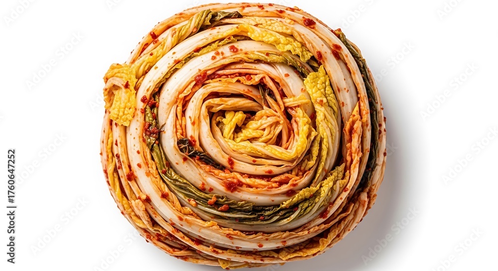 Fototapeta premium Whole cabbage kimchi in a spiral shape isolated on white background