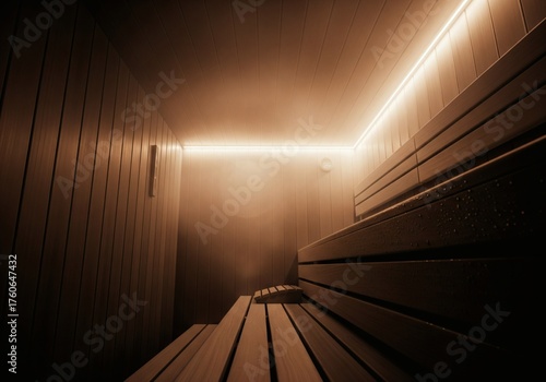 Interior of a modern wooden sauna with warm strip lighting and dramatic atmosphere
