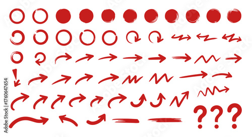 Collection of diverse red hand drawn directional arrows and graphic elements.
