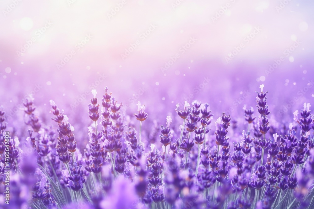 Naklejka premium Lavender fields bloom under soft sunlight during a serene morning in the countryside