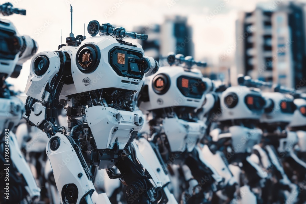 Fototapeta premium Futuristic robots lined up in an urban setting ready for a demonstration of advanced technology