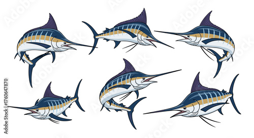 Six majestic blue marlins swimming in formation against a white background.