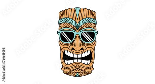 A cool cartoon tiki mask wearing sunglasses with a funny expression and wooden texture.