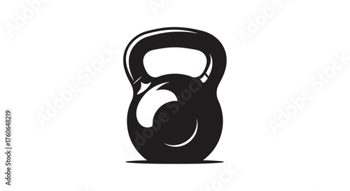 A black kettlebell rests on a white background with a subtle shadow beneath it.