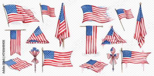 Artistic watercolor depiction of the United States flag in multiple dynamic and static forms, including waving, hanging, and decorative elements.