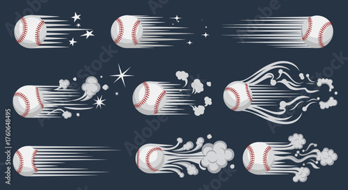Collection of baseballs in motion showing speed and impact effects.