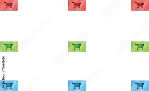 Set of 9 shopping cart icons in red, green, and blue circle designs, ideal for e-commerce, online store, and retail application interfaces.