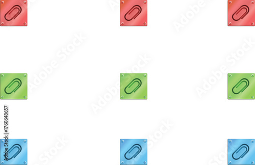 Set of 9 paper clip icons in red, green, and blue colour circles, representing attachment, files, office tools, and document connection.