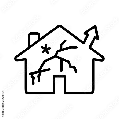 Outline icon of damaged house with cracks and broken roof
