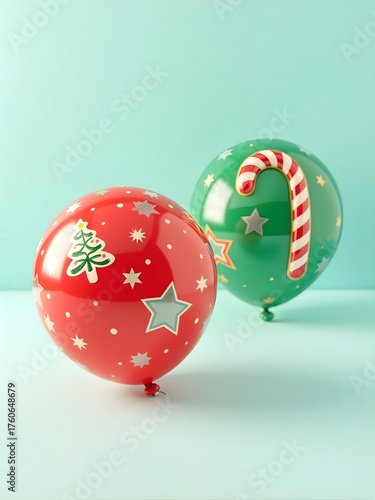 Studio photo of red, green, and white balloons shaped like Christmas symbols