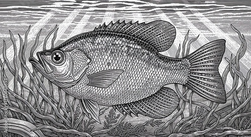 Sunfish in aquatic plants illustration