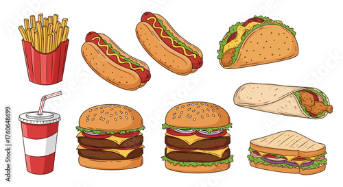 Collection of classic fast food items including burgers fries tacos and drinks.