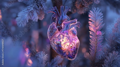 A translucent heart ornament hangs from frosted branches, illuminated with colorful light, adding warmth to the cool winter atmosphere at twilight.