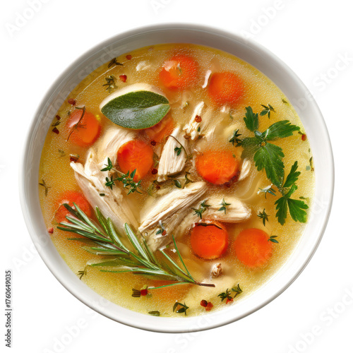 Delicious chicken soup with vegetables and herbs