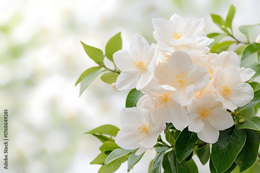 Fototapeta premium Elegant White Flowers with Green Leaves Against a Soft Background of Blurred Nature