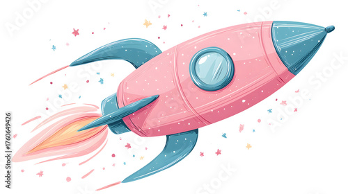 Fototapeta Naklejka Na Ścianę i Meble -  Whimsical cartoon rocket ship with pink body and blue details for children's space theme design