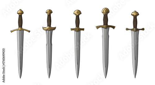 A collection of five ancient steel swords with ornate golden hilts and textured brown grips arranged in a row on a white background.