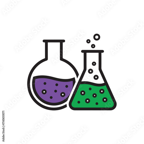 Two laboratory flasks with colored liquids and bubbles in a scientific experiment setting