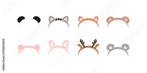 Animal headband set. Festival, holiday celebration, accessory concepts. Panda, cat, fox, bear, pig, bunny, deer, mouse. Flat decorative vector design isolated illustration.