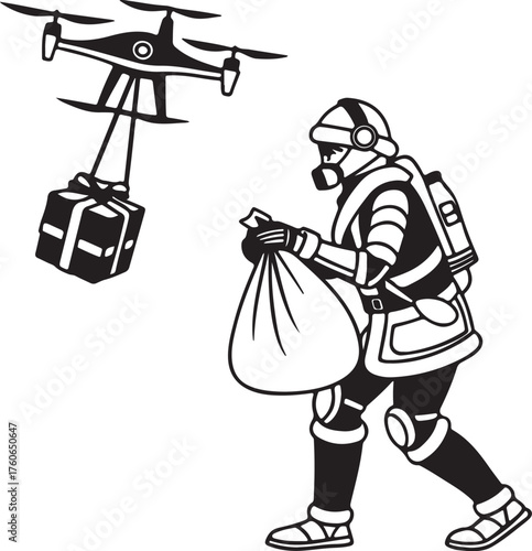 Vector silhouette of a robot Santa delivering presents with drones