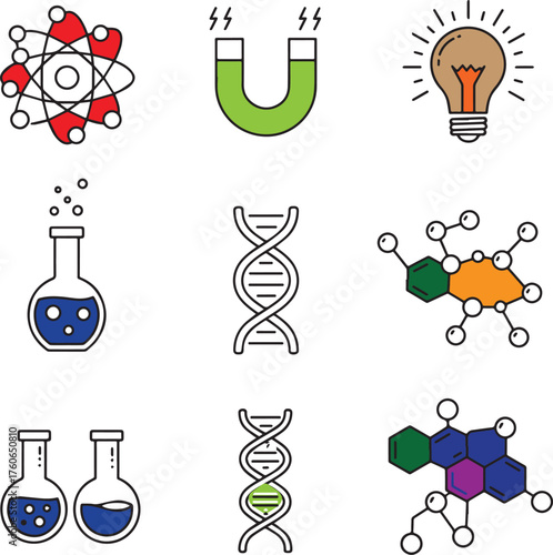 Science icons featuring molecules dna light bulb magnets and beakers for educational concepts