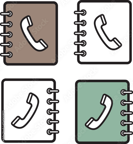 Four stylized phone book icons each featuring a telephone handset symbol and ring binding