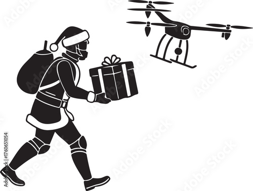 Vector silhouette of a robot Santa delivering presents with drones