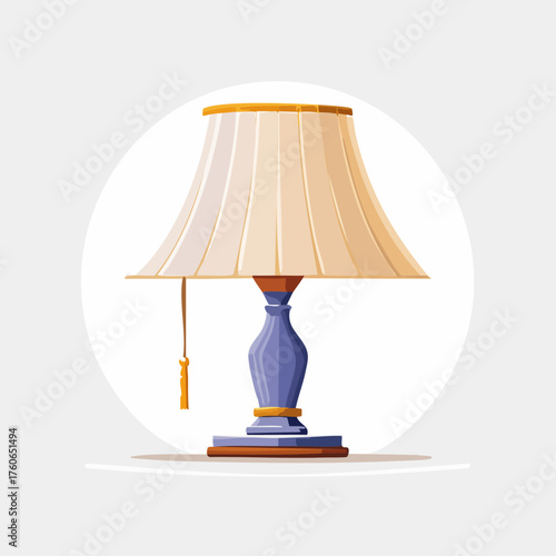 A vintage table lamp with a cream-colored shade and a blue base.