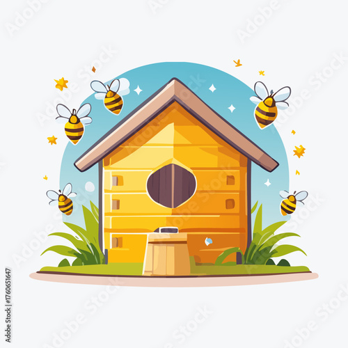 Cartoon Beehive with Bees and Greenery Illustration.