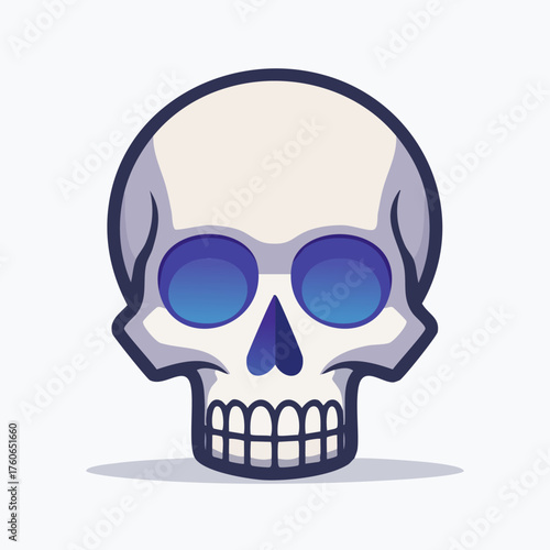 Cartoon skull illustration with blue eyes and shadow on white background.
