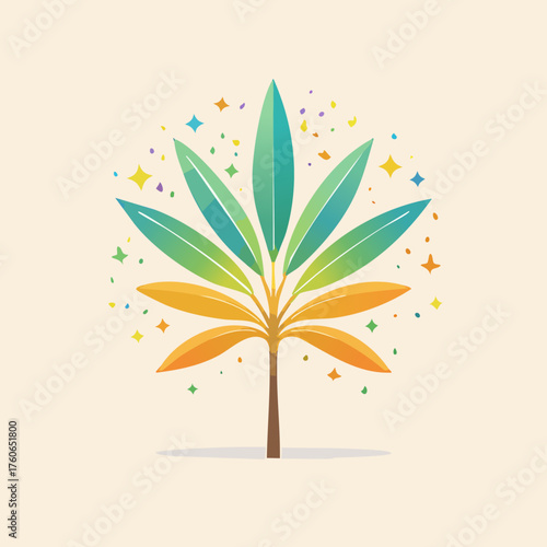 Colorful Cannabis Plant Illustration with Starry Background.