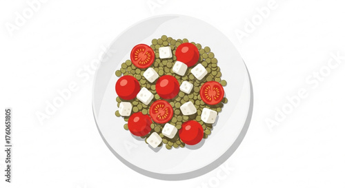 Lentil salad with tomatoes and feta cheese on white plate  
