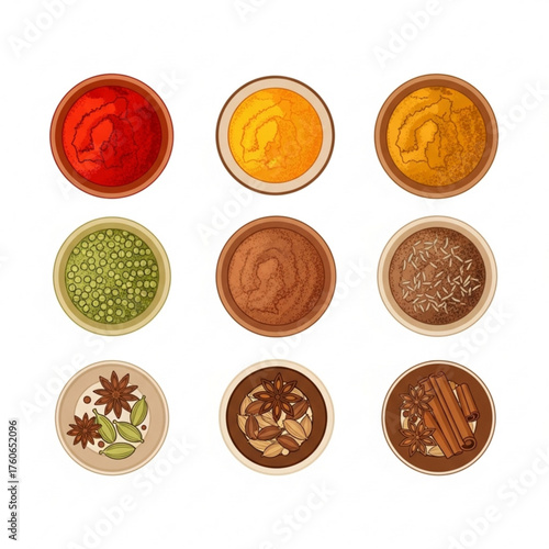 Colorful spices and herbs in bowls arranged in a grid pattern  