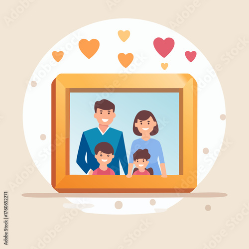 Happy family portrait illustration with parents and two children in a wooden frame.