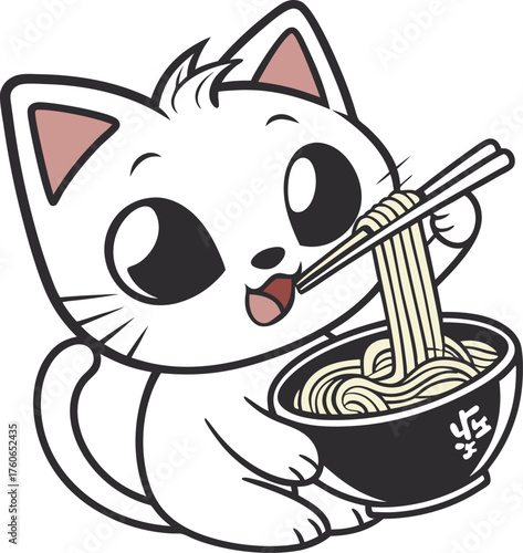 Cute white cat eating ramen noodles isolated on white background