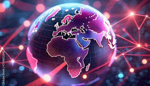 A digital globe highlighting Europe and Africa, surrounded by a network of glowing red and blue interconnected lines and bokeh lights.