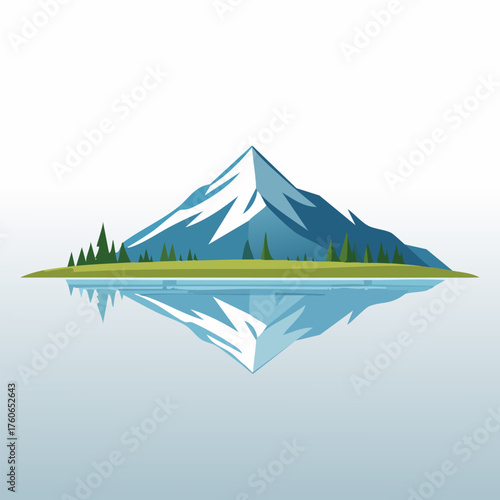 Mountain Reflection Illustration with Trees and Snow.