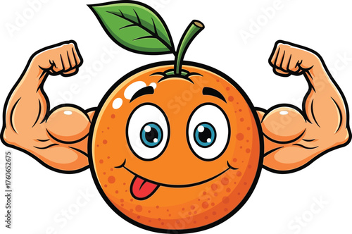 Happy cartoon orange mascot flexing its muscular biceps with a confident smile, strong and healthy fruit character for fitness and diet concepts vector illustration.